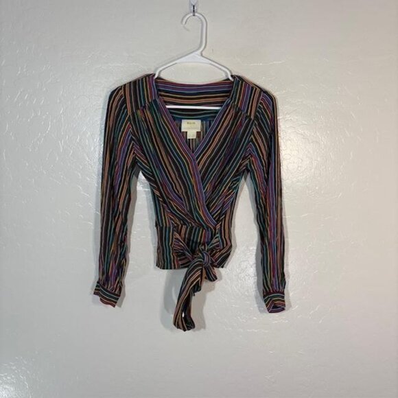 Maeve by Anthropologie Blouse Womens 00P Petite Multicolor Stripe Wrap Tie - Picture 1 of 8